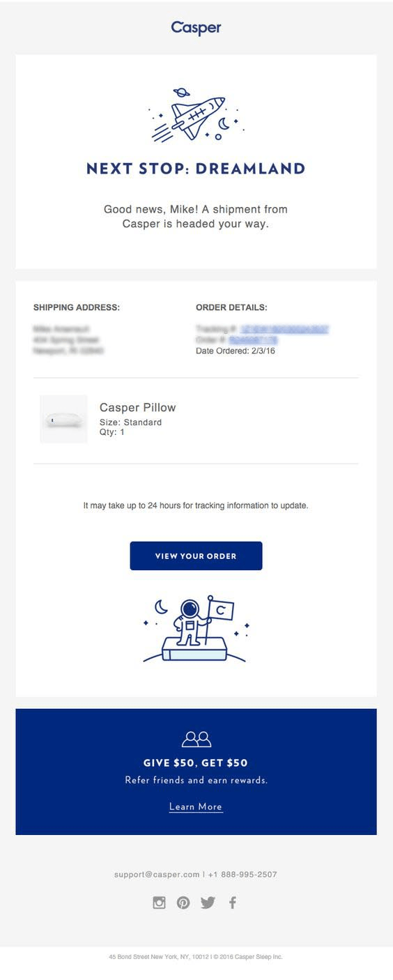 Casper shipping confirmation email