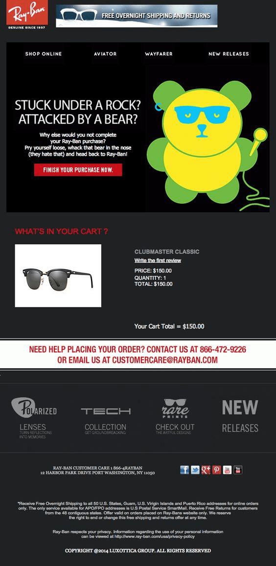 Ray Ban abandoned cart email